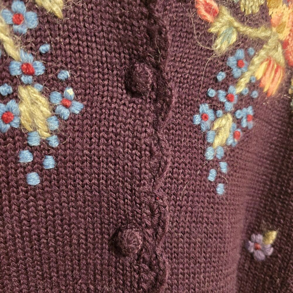 Herman Geist Cardigan Sweater Hand Embroidered 50% Wool Plum Floral Small Petite - Picture 6 of 12